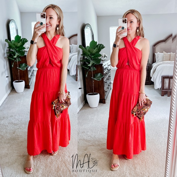 Braelyn Cross Front Halter Maxi Dress | Women's Red Cross